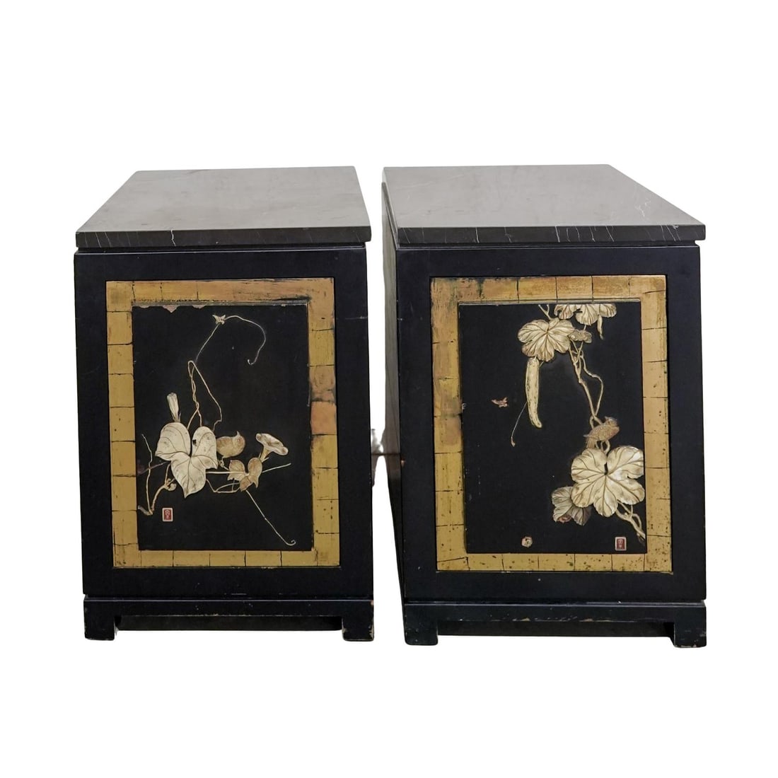 Pair of Japanese Shibayama Lacquered & Carved Bone Side Tables: Pair of Japanese Lacquered & Carved Bone Floral Side TablesEarly 20th century, JapanA pair of black lacquered wood side tables with gilt accenting and central carved bone panels with carved floral mot