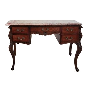 French Louis XV Style Marquetry Wood and Marble Desk