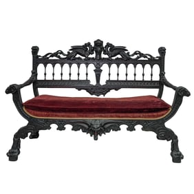 R.J. Horner Attrib. Gothic Revival Ebonized Wood & Velvet Settee Bench