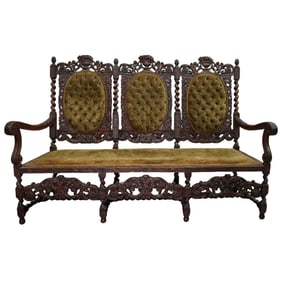 Antique Carolean Revival Style Ornate Floral Carved Velvet Upholstered Bench
