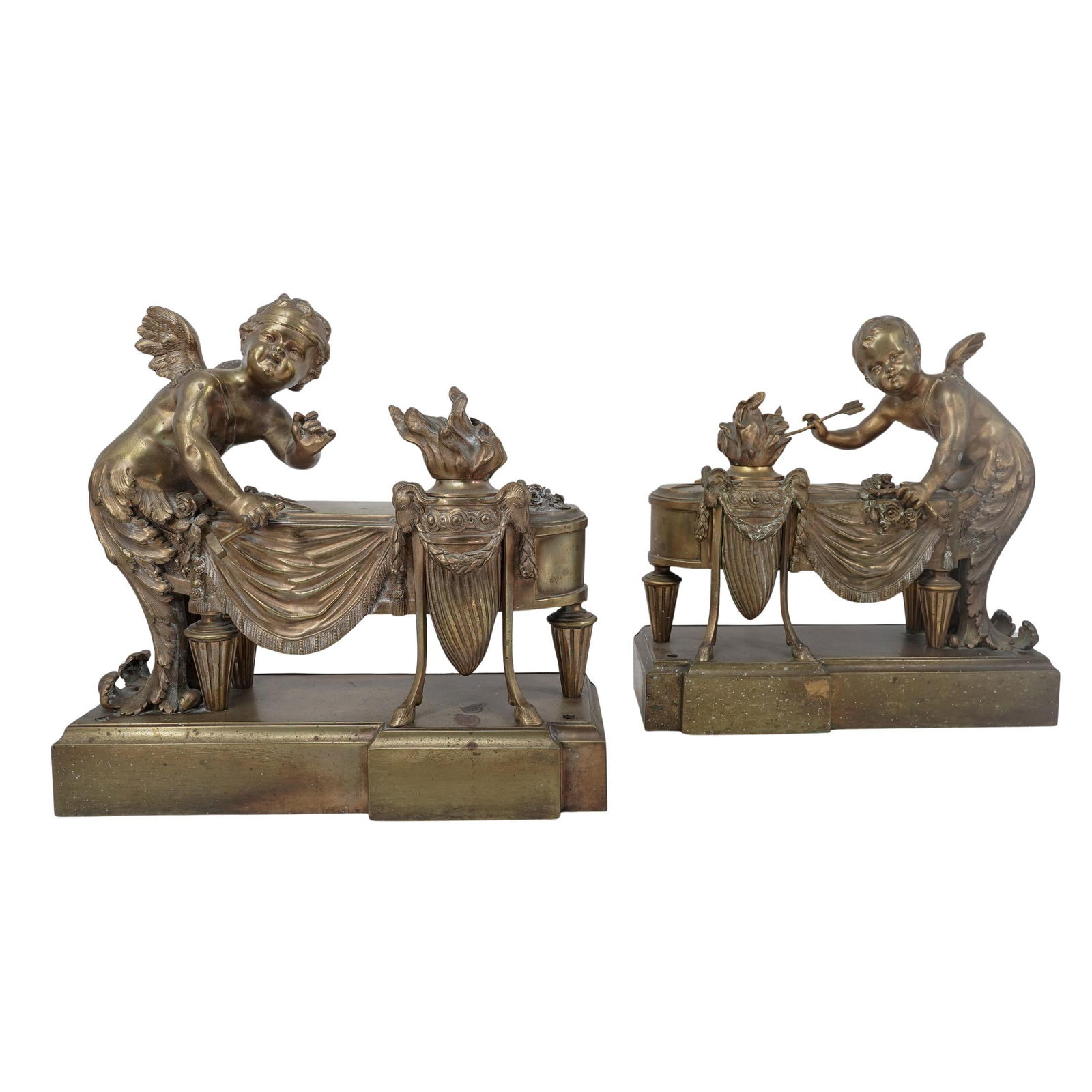 Pair of 19th Cent. French Gilt Bronze Cherub Andirons: Pair of 19th Cent. French Gilt Bronze Cherub Andirons19th century, FranceA pair of antique nineteenth century French gilt bronze andirons featuring carved cherub and torchiere motifs.H 15 1/2" L 15 3/