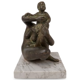 Signed Bronze Mother and Child Sculpture on Marble
