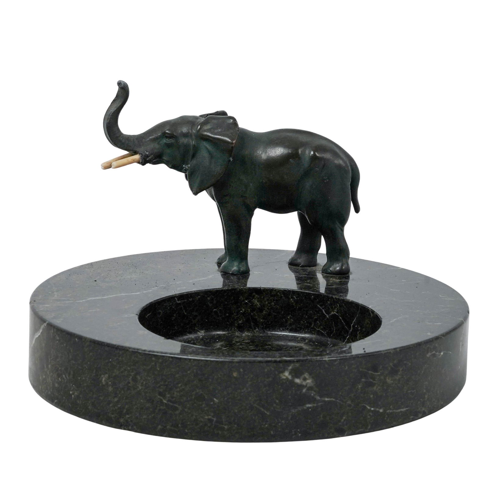 Art Deco Bronze & bone Elephant Ashtray: Art Deco Bronze & bone Elephant AshtrayEarly 20th century, EuropeanAntique Art-Deco ashtray / Dish featuring Bronze Elephant Sculpture with bone tasks mounted on dark green circular marble base. The e