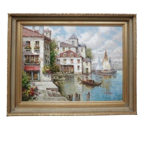 C. Francis European Waterside Village Oil on Canvas Painting