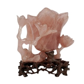 Antique Chinese Rose Quartz Lotus Flower Carving on Base