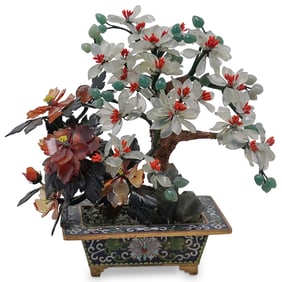 Chinese Carved Semi-Precious Bonsai Tree in Cloisonne Planter