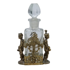 Art Nouveau French Brass Overlay Crystal Perfume Bottle