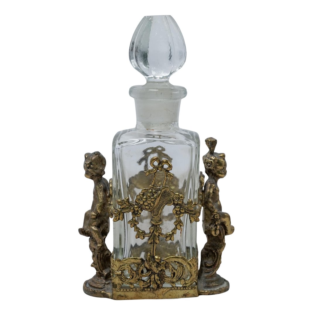 Art Nouveau French Brass Overlay Crystal Perfume Bottle (1 of 5)