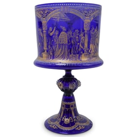 Antique Venetian Cobalt Blue & Gilt Glass Footed Vase