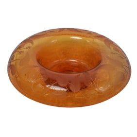 Antique Large Bohemian Amber Glass Etched Centerpiece Bowl