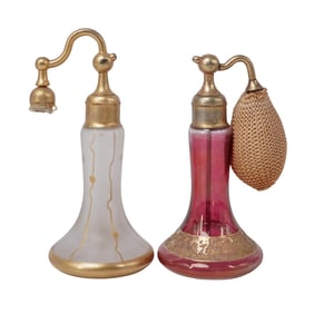 (2 Pc) Antique DeVilbiss Gilded Glass Perfume Atomizers