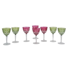 (9 pcs) Val St Lambert Style Cut Crystal Cordial Glasses