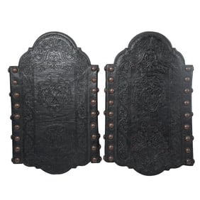 Pair Antique Medieval Revival Leather and Wood Chair Backs