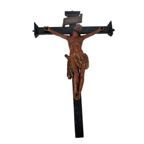 19th Cent. Hand Carved Wood and Gesso Crucifix