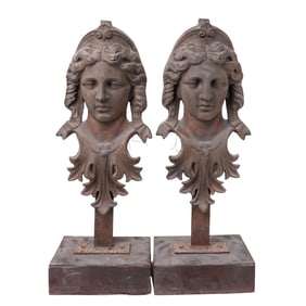 Pair of Cast Iron Athena Busts on Wooden Bases