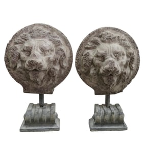 Pair of Cast Stone and Iron Lion Busts on Bases