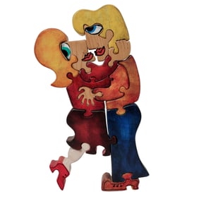 Vintage Wooden Art Puzzle Sculpture of Kissing Couple