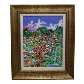 Nayra Araya (Costa Rican, 20th c.) Village Landscape Oil Painting