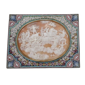 Antique Carved Shell Neoclassical Cameo with Micro Mosaic Frame