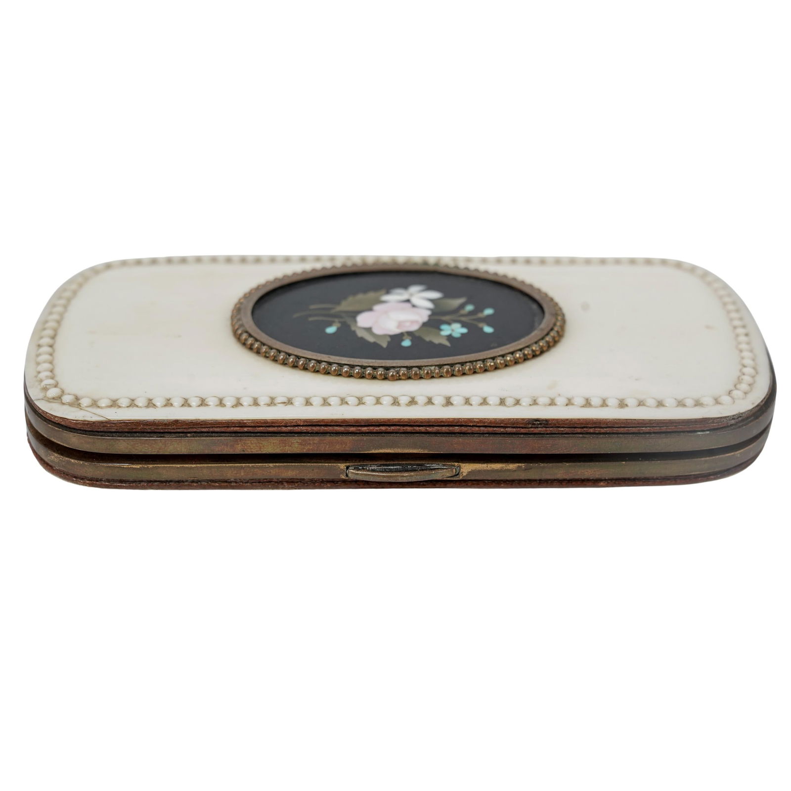 Antique Pietra Dura & Bone Mounted Italian Case: Antique Pietra Dura & Bone Mounted Italian Case19th century , ItalyAntique Pietra Dura & Bone mounted Italian caseThe frame made of brass which shows some patina. The central oval piece has decorative