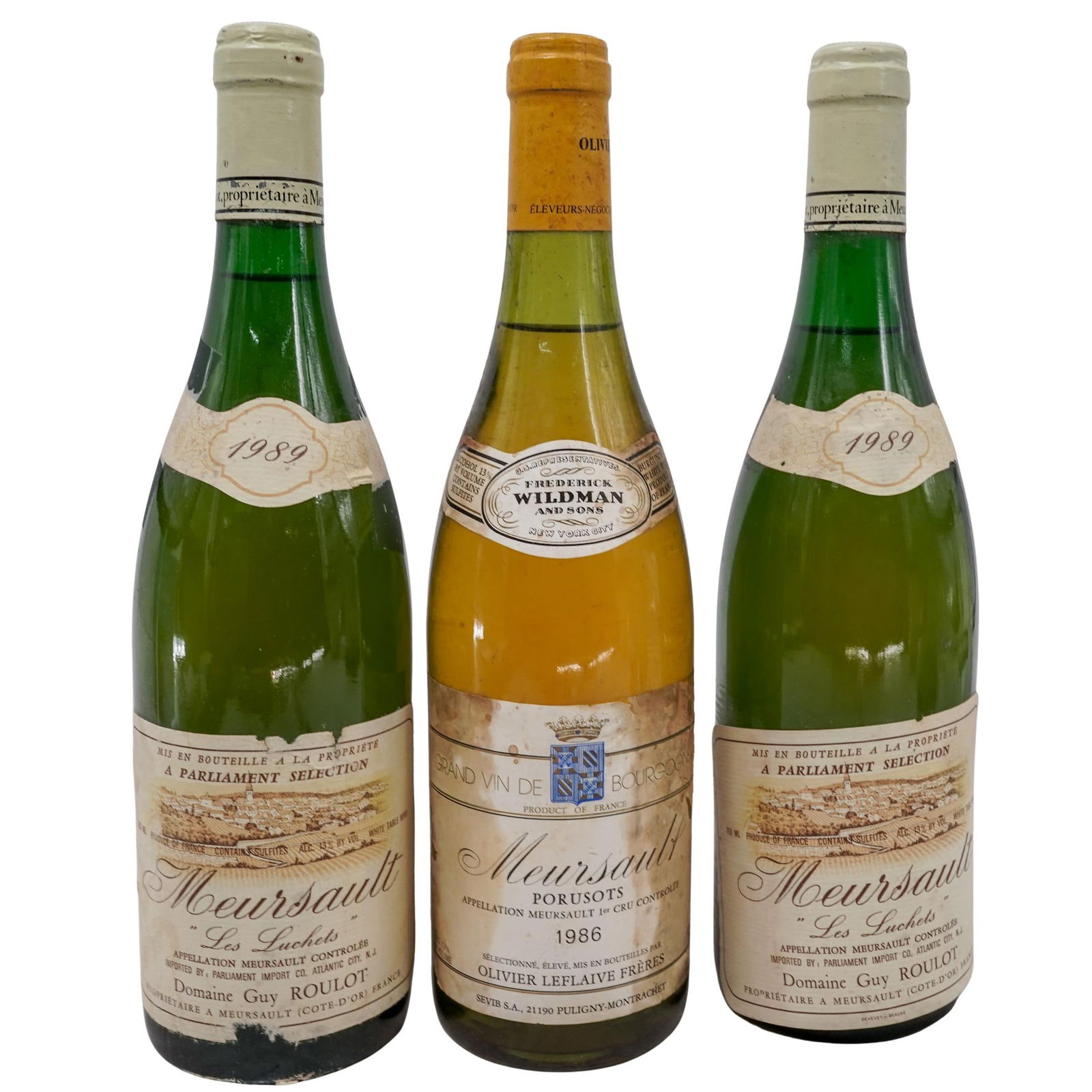 (3pc) 1980s French Wine Bottles (Olivier Leflaive Freres, Domaine Guy Roulot Meursault): (3pc) 1980s French Wine Bottles (Olivier Leflaive Freres, Domaine Guy Roulot Meursault)20th century, FranceLot of three includes :2 bottles of Domaine Guy Roulot Meursault "Les Luchets" 1989Producer: