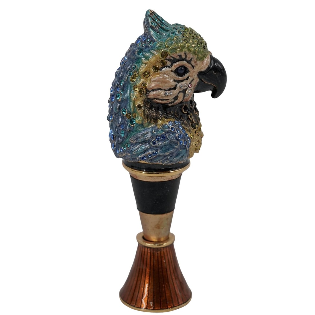 Jay Strongwater Enameled Bronze Parrot Wine Stopper: Jay Strongwater Enameled Bronze Parrot Wine Stopper20th century, USAA Jay Strongwater enameled bronze wine stopper with a carved blue and yellow parrot with rhinestone embellishments. Marked on stoppe