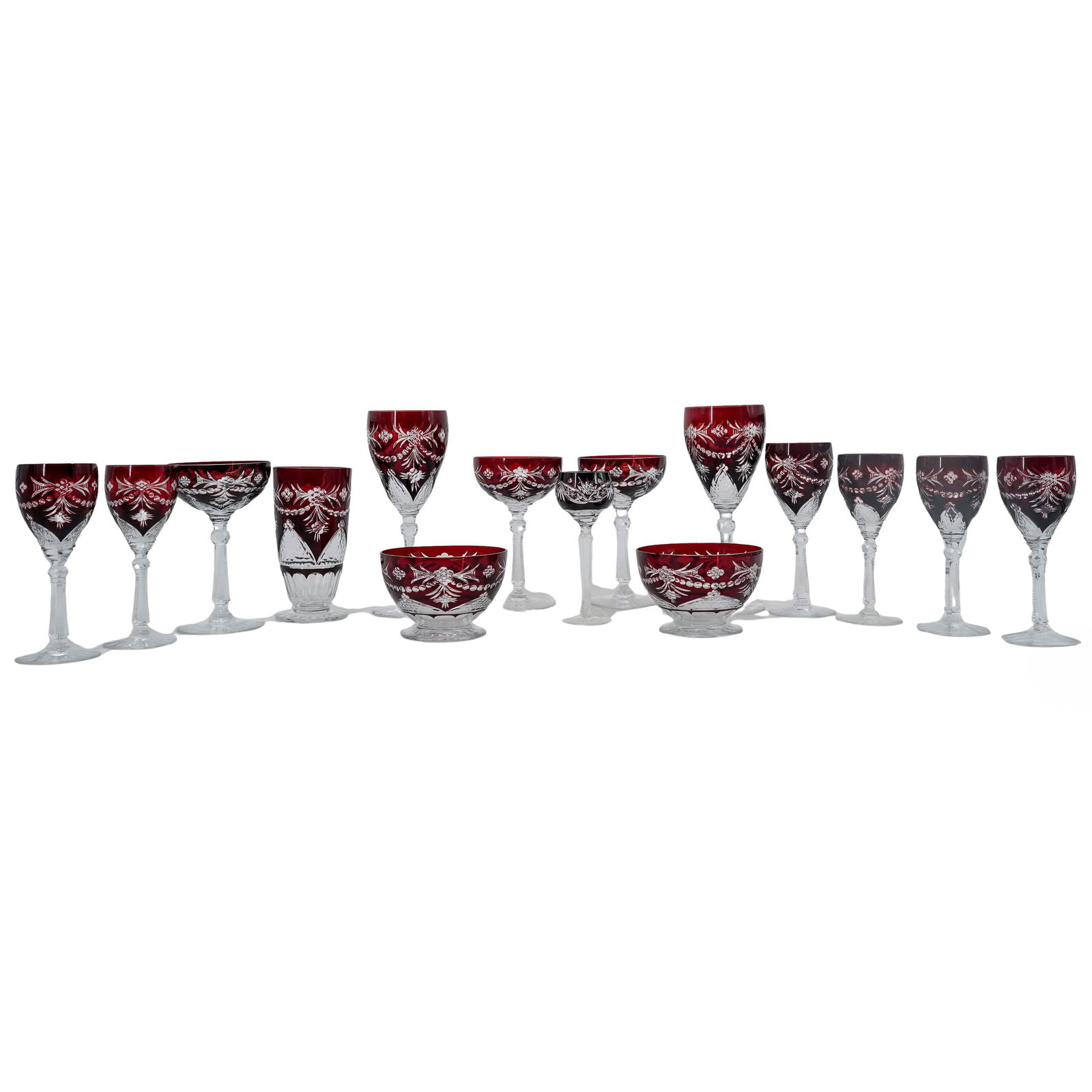 (15 pcs) Bohemian Cranberry Crystal Cut Stemware (1 of 10)