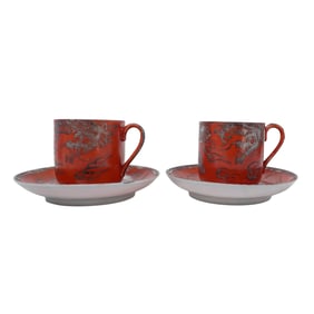 (4pc) Japanese Kutani Eraku Silver Overlay Porcelain Teacups and Saucers