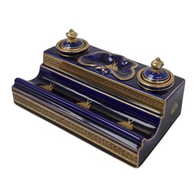 Antique Pierrefonds France Cobalt Blue Porcelain Double Inkwell