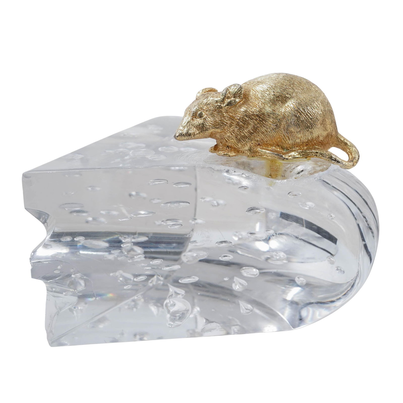 Clichy French Glass Cheese Paperweight w/ Gilt Mouse: Clichy French Glass Cheese Paperweight w/ Gilt Mouse20th century, FranceA Clichy glass French paperweight designed as a cheese wedge with a small gilt mouse figure. Signed "Clichy France" on base.H 3