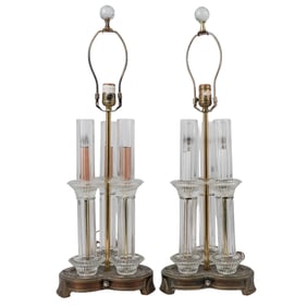 Pair of Hollywood Regency Bronze and Crystal Table Lamps
