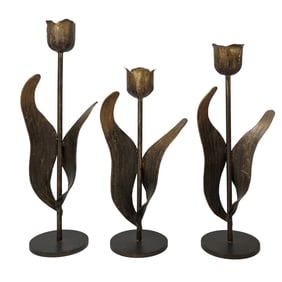 (3 Pc) Gilt Bronze Flower Candle Holders