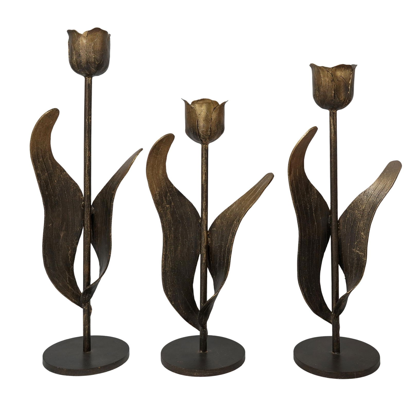 (3 Pc) Gilt Bronze Flower Candle Holders: (3 Pc) Gilt Bronze Flower Candle Holders20th c.Three gilded cast bronze floral candle holders in graduating size.H: 16" W: 5.25" L: 7.5"H: 18" W: 5.25" L: 6.5"H: 20" W: 5.25" L: 6.25"