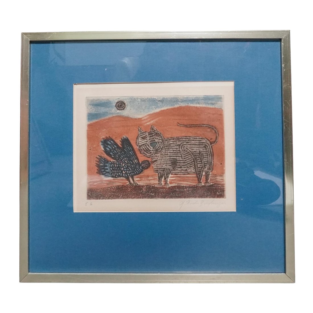 Graciela Rodo Boulanger (Bolivian, b. 1935) "Bird and Cat" AP Etching: Graciela Rodo Boulanger (Bolivian, b. 1935) "Bird and Cat" AP Etching20th century, BoliviaA colored etching titled "Bird and Cat" by artist Graciela Rodo Boulanger (Bolivian, born 1935). Signed in bot