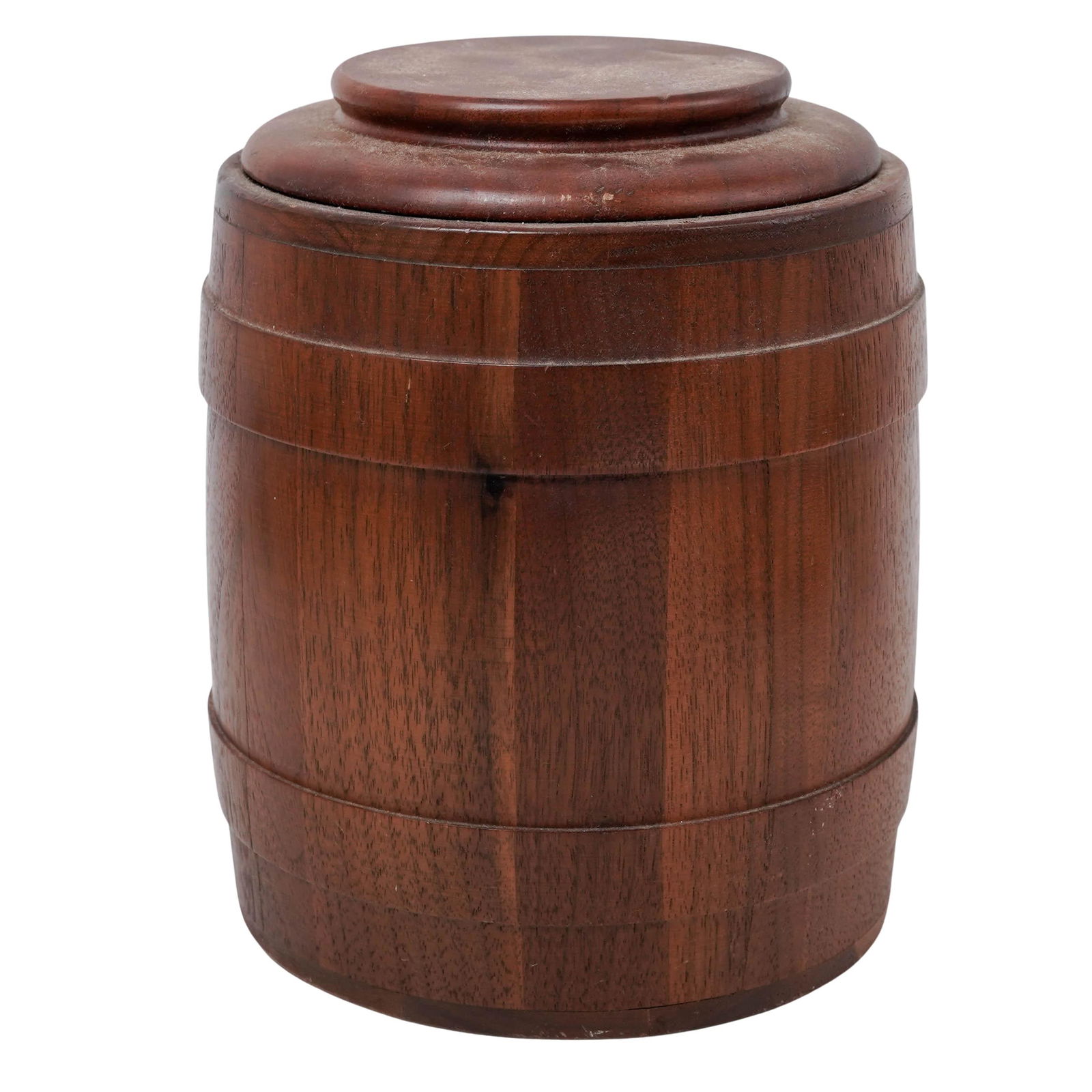 Walnut Tobacco Humidor (Decatur industries inc.): Walnut Tobacco Humidor (Decatur industries inc.)20th centuryVintage Barrel-style Genuine Walnut tobacco Humidor by Decatur industries inc.It is designed in the shape of wooden barrel with a fitted lid