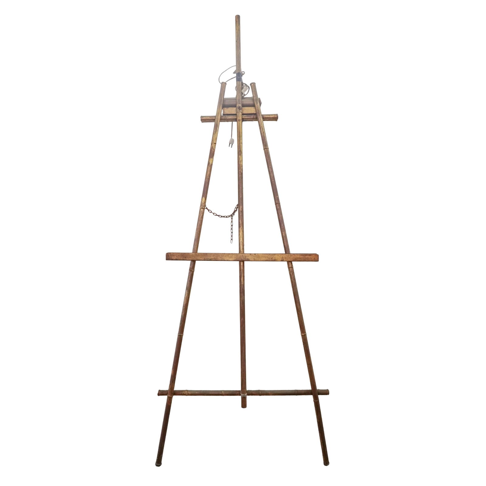 Mid Century Gilt Metal Bamboo Motif Easel: Mid Century Gilt Metal Bamboo Motif EaselMid 20th century, ContinentalA mid century easel constructed of gilt metal with a bamboo form. Electrified.H 72" W 23 1/2" Depth (legs extended, approx) 27"