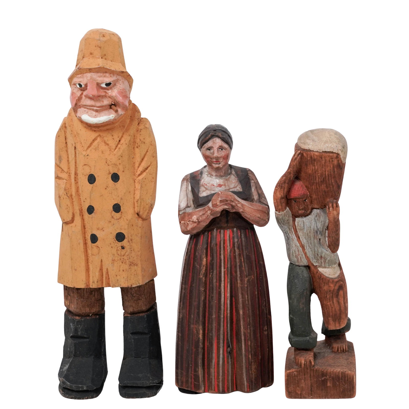 (6pc) Vintage Black Forest Wooden Figurines: (6pc) Vintage Black Forest Wooden Figurines 20th century, continental 6pc Vintage hand carved Black forest wooden figurines depicting people in various folk attire & professions. The figurines represe