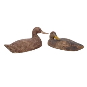 (2pc) Pair Hand Carved Wood Mallard Duck Decoys