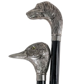 (2pc) Vintage Silvered Italian Figural Walking Sticks