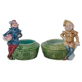 Pair of Antique Majolica Elf Gnome Bowls
