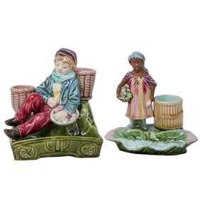 (2 Pc) Antique Majolica Smoker Sets