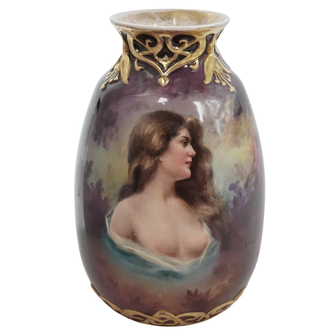Royal Bonn Franz Anton Mehlem Porcelain Vase: Royal Bonn Franz Anton Mehlem Porcelain Vase20th century, GermanyArt-Nouveau Royal Bonn Porcelain Figural female portrait semi Nude vaseThe vase features ornate gild gold accsents around the base and