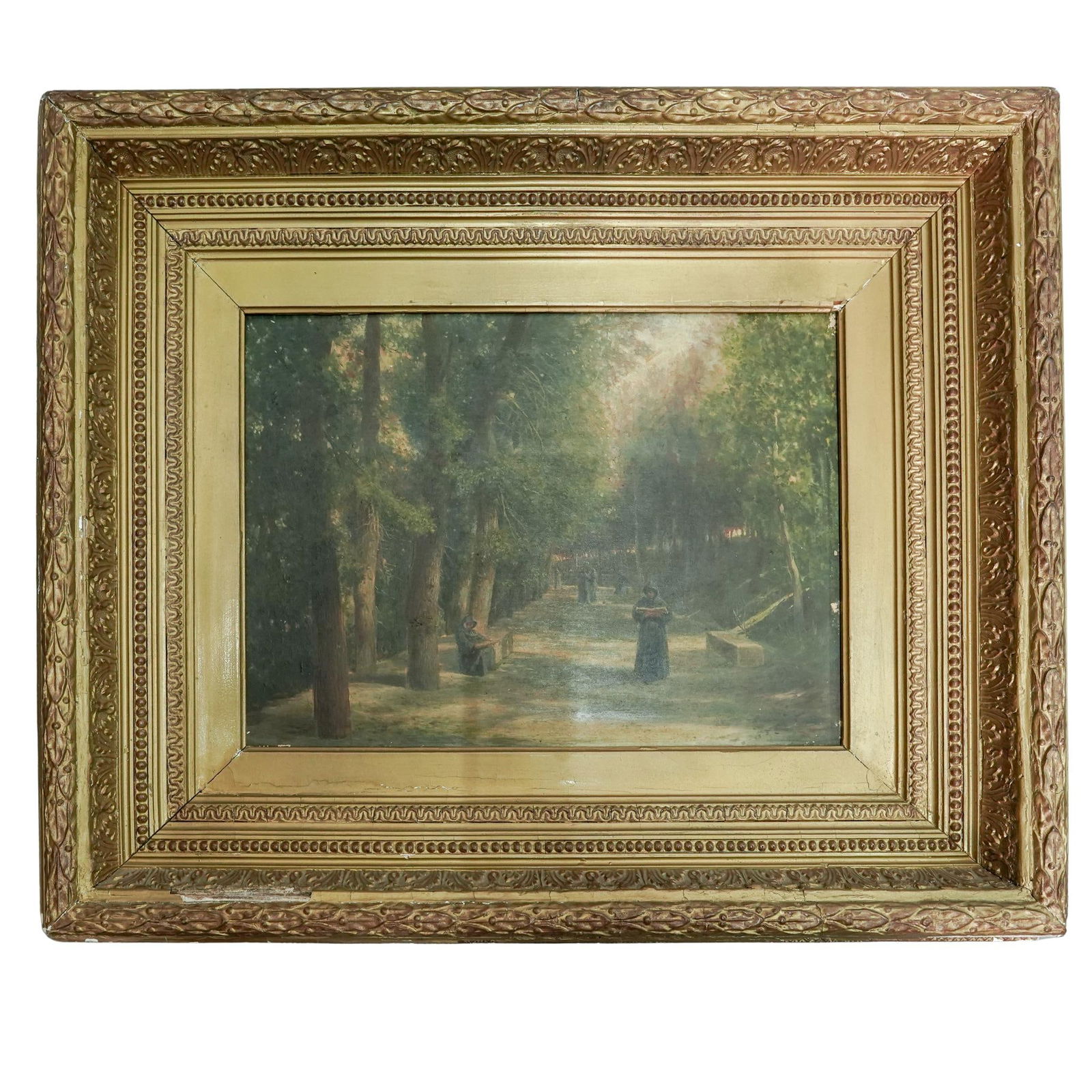 Antique Monks In The Forest Oil Painting: Antique Monks In The Forest Oil PaintingLate 19th- Early 20th c., EuropeOil on wood board painting depicting walking and sitting on benches along a path lined with trees. It is housed in an ornate gol