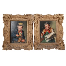(2pc) Antique Gruber Oil On Panel Portrait Paintings