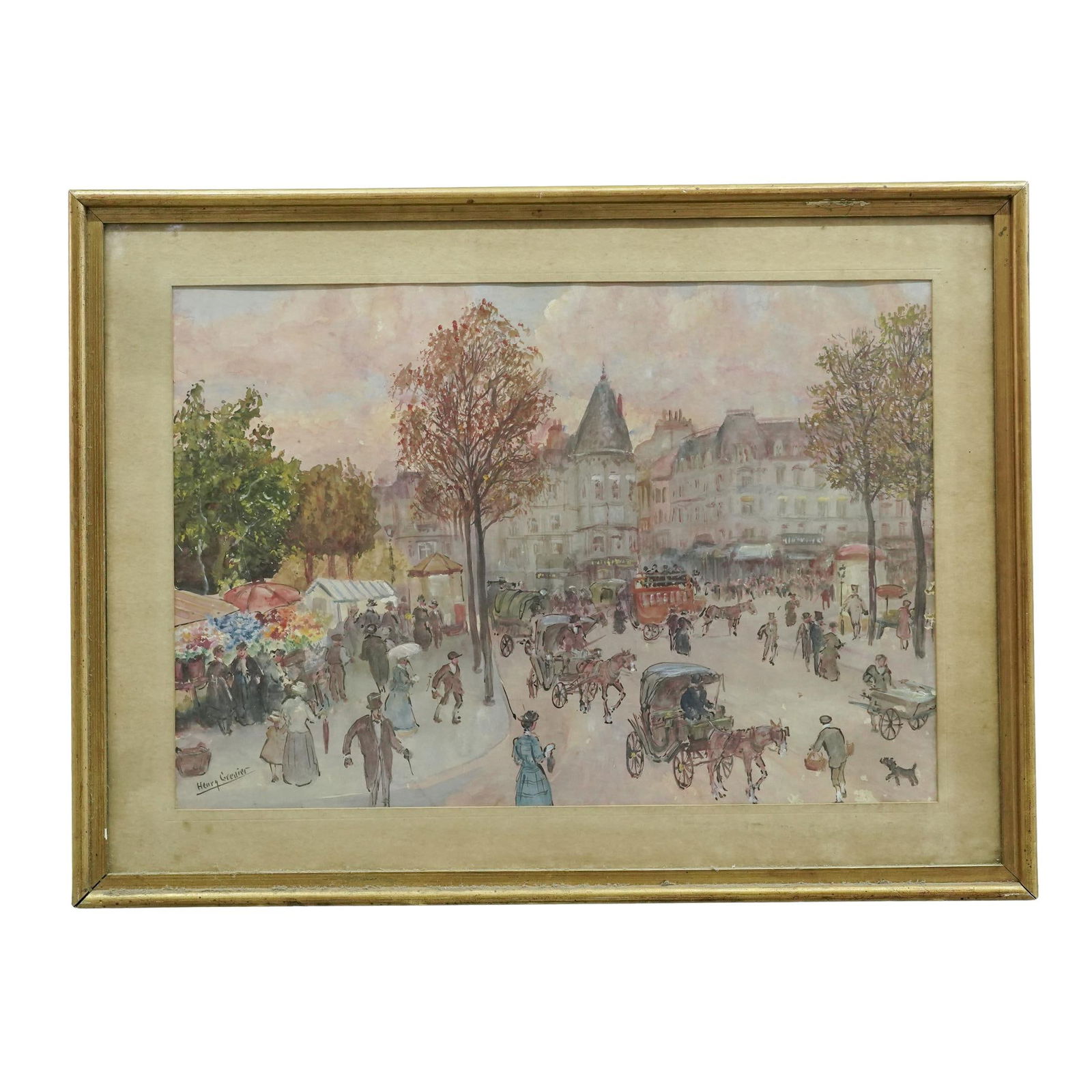 Henri Grenier (French, 1882-1940) Parisian Watercolor Painting: Henri Grenier (French, 1882-1940) Parisian Watercolor PaintingLate 19th-Early 20th c., FranceAntique watercolor painting depicting a busy Paris street scene. It is signed by the artist in the lower le