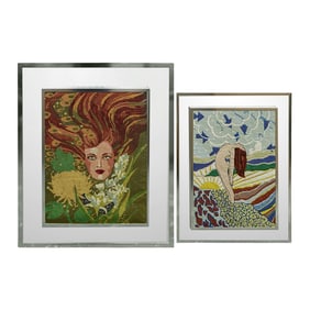 (2 Pc) Mid Century Hand Woven Tapestry Portraits