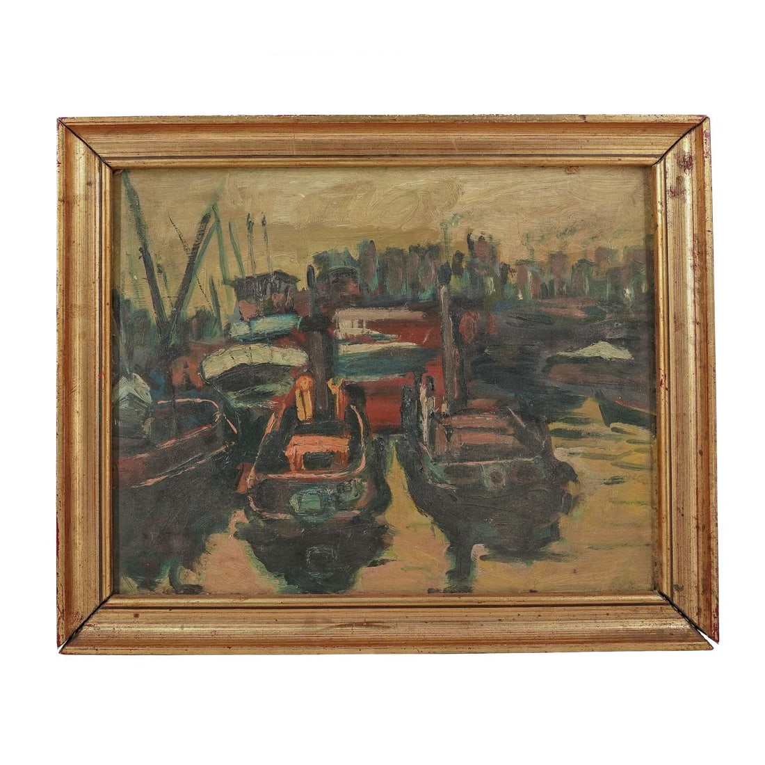 Oil On Panel Harbor Scene Painting: Oil On Panel Harbor Scene Painting 20th Cent.,Continental Oil on panel depicting a modernist abstract harbor scene rendered with bold expressionist brushwork and deep, earthy tones. The composition fe