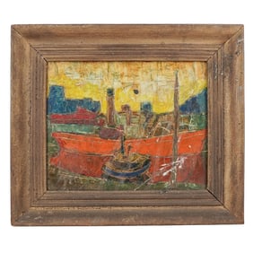 Modernist Oil On Canvas Harbor Scene Painting