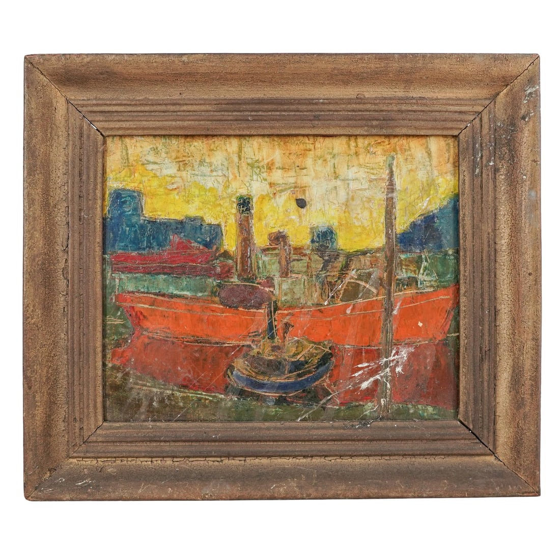 Modernist Oil On Canvas Harbor Scene Painting: Modernist Oil On Canvas Harbor Scene Painting Mid 20th Cent.,Continental Modernist oil on canvas depicting a colorful mid-20th- century harbor scene with boats and industrial forms, executed with bold
