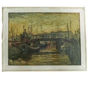 Alvotoz Surrealist Dock Scene Oil Painting